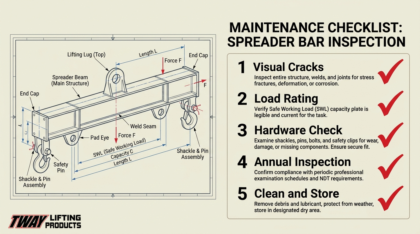 Technical diagram of a spreader bar with labeled lifting components and a maintenance checklist covering cracks, load ratings, hardware checks, annual inspections, and storage.