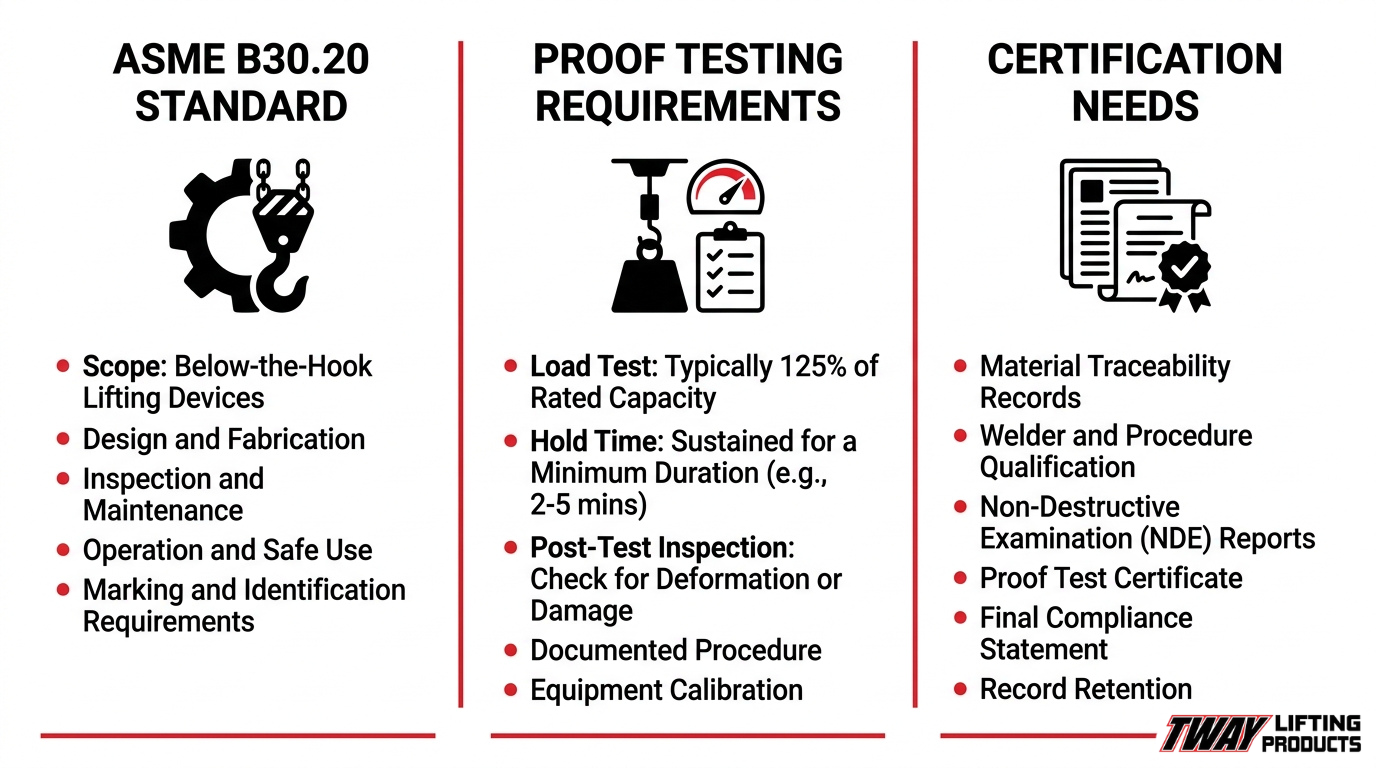 Infographic outlining ASME B30.20 safety standards, proof testing requirements, and certification documentation for industrial spreader bars and below-the-hook lifting devices.