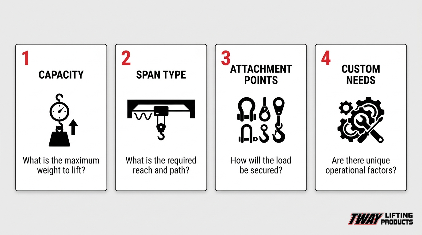 Infographic showing four factors for choosing the right spreader bar: lifting capacity, required span, rigging attachment points, and custom lifting requirements.