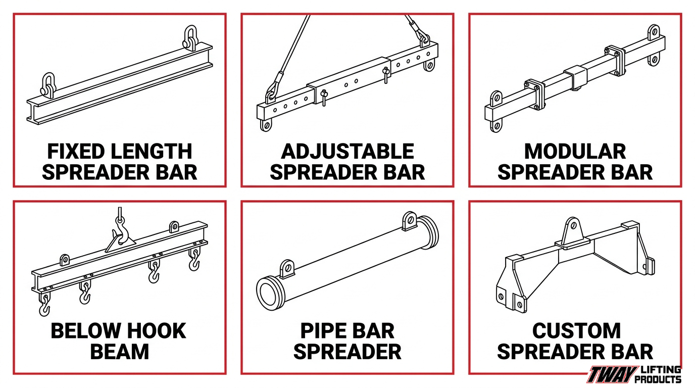 Comparison chart illustrating six types of spreader bars and lifting beams: fixed-length, adjustable, modular, below-the-hook, pipe spreader, and custom fabricated designs.