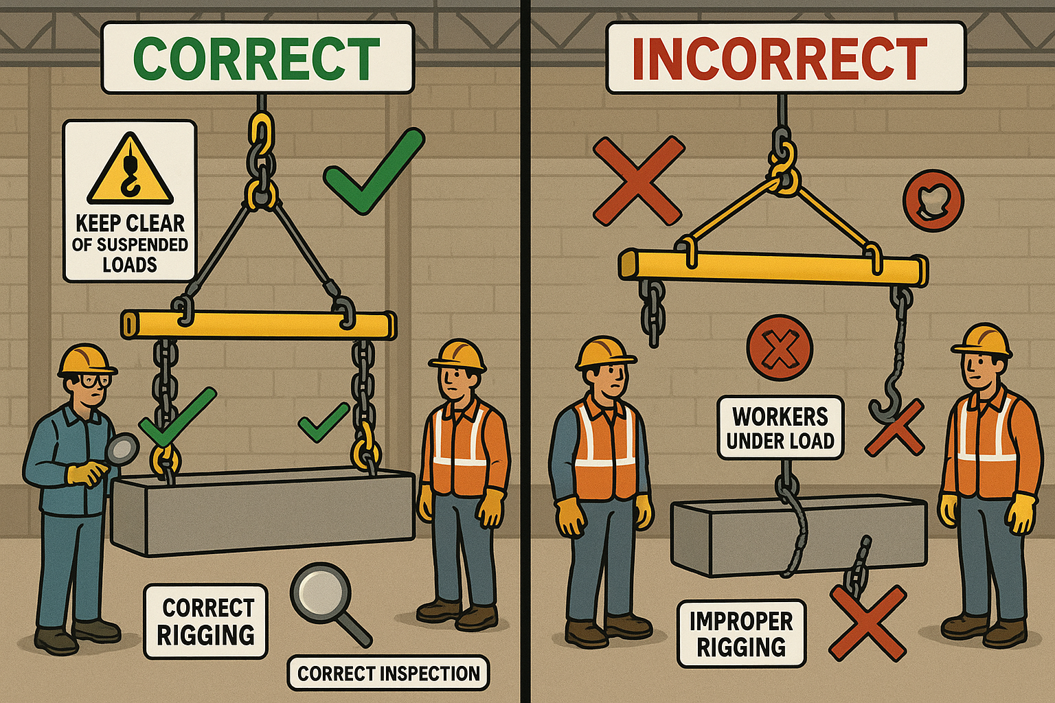 Split illustration showing correct and incorrect lifting practices with workers, suspended loads, proper inspection versus workers under loads and improper rigging