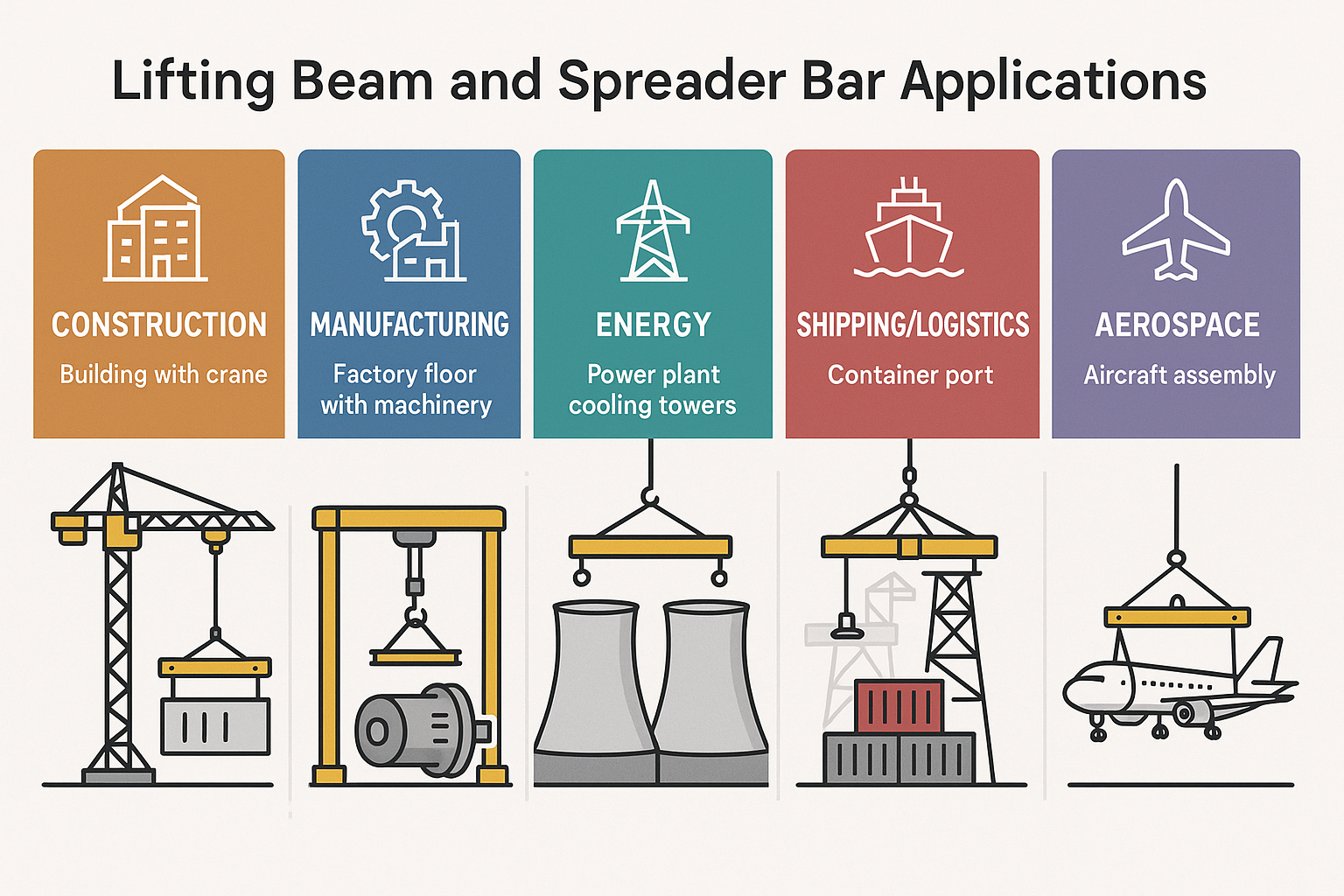 Infographic showing lifting beam applications across five industries: construction, manufacturing, energy, shipping/logistics, and aerospace