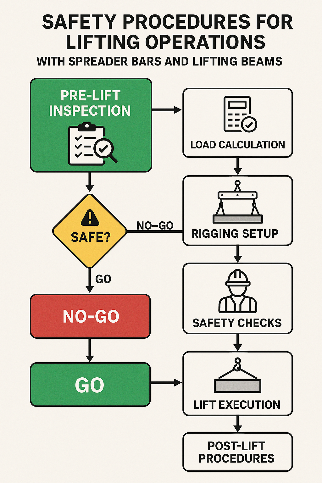 Safety procedure flowchart for lifting operations showing pre-lift inspection, load calculation, rigging setup, safety checks, and lift execution steps