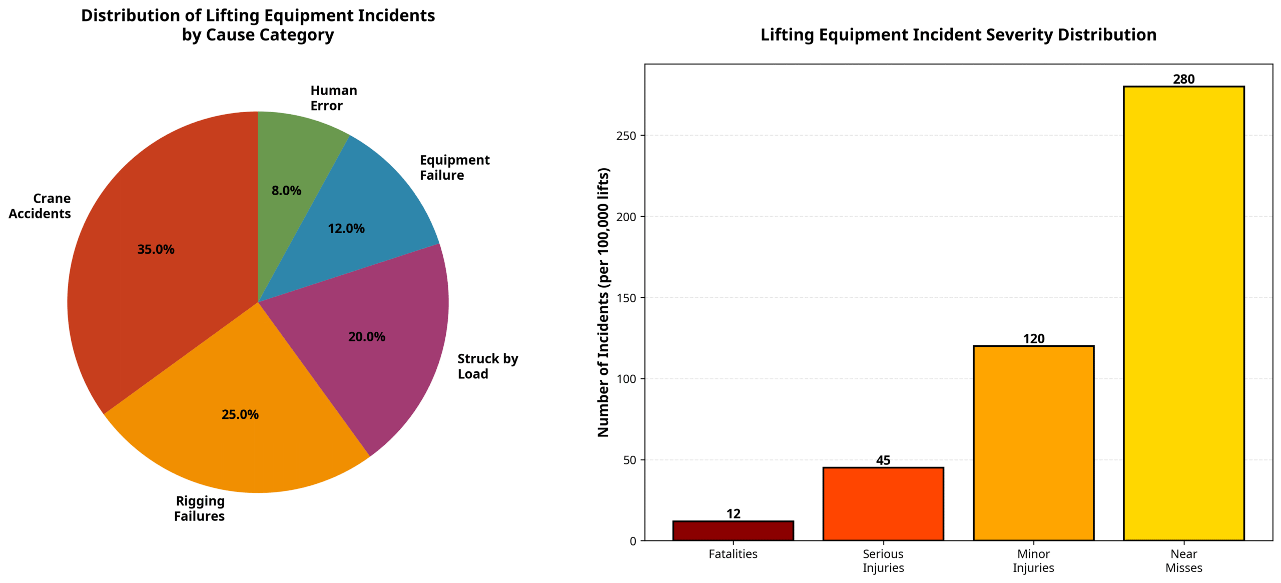 Pie chart showing distribution of lifting equipment incidents by cause and bar chart showing incident severity from fatalities to near misses
