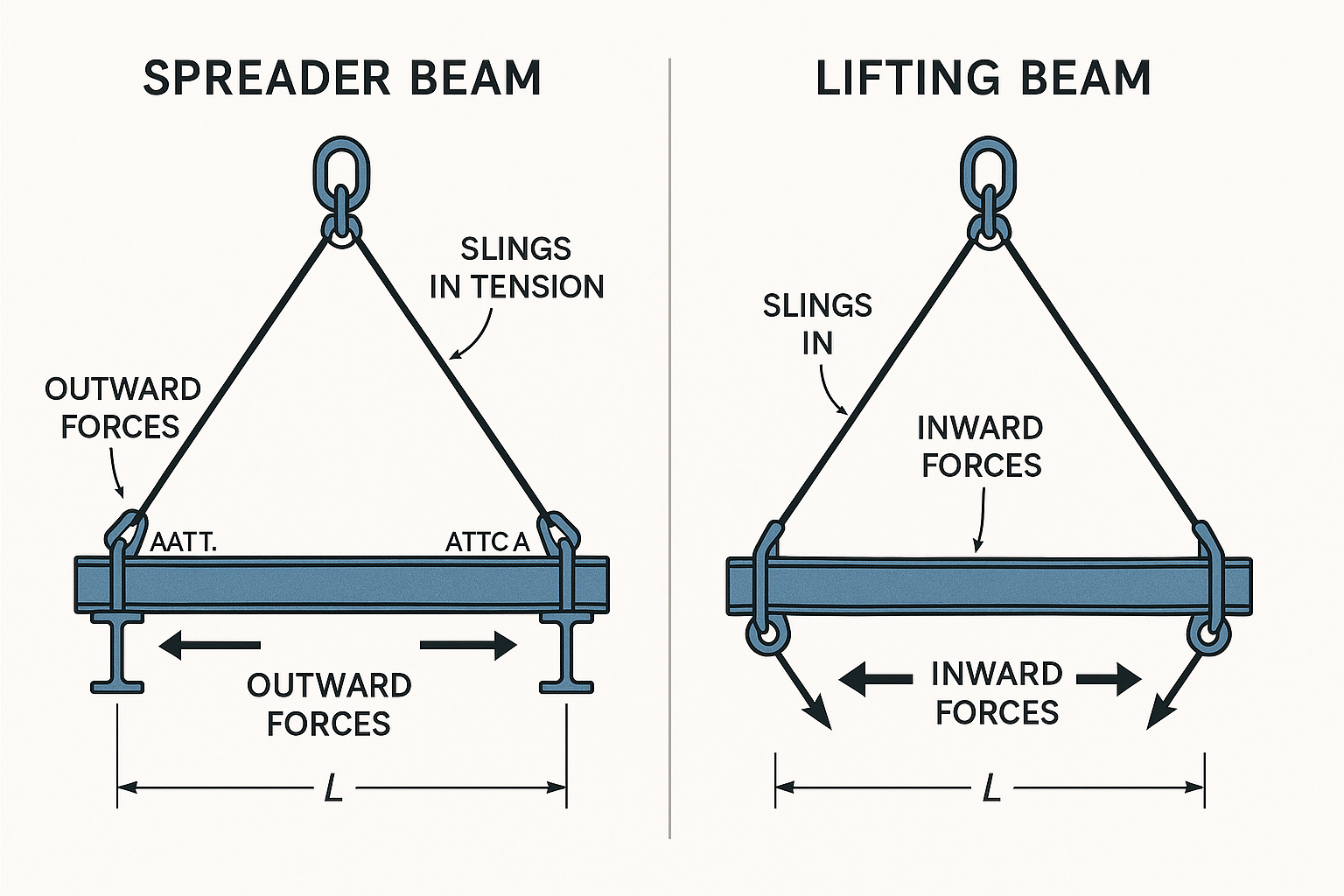 Side-by-side comparison diagram of spreader beam versus lifting beam showing outward and inward force directions