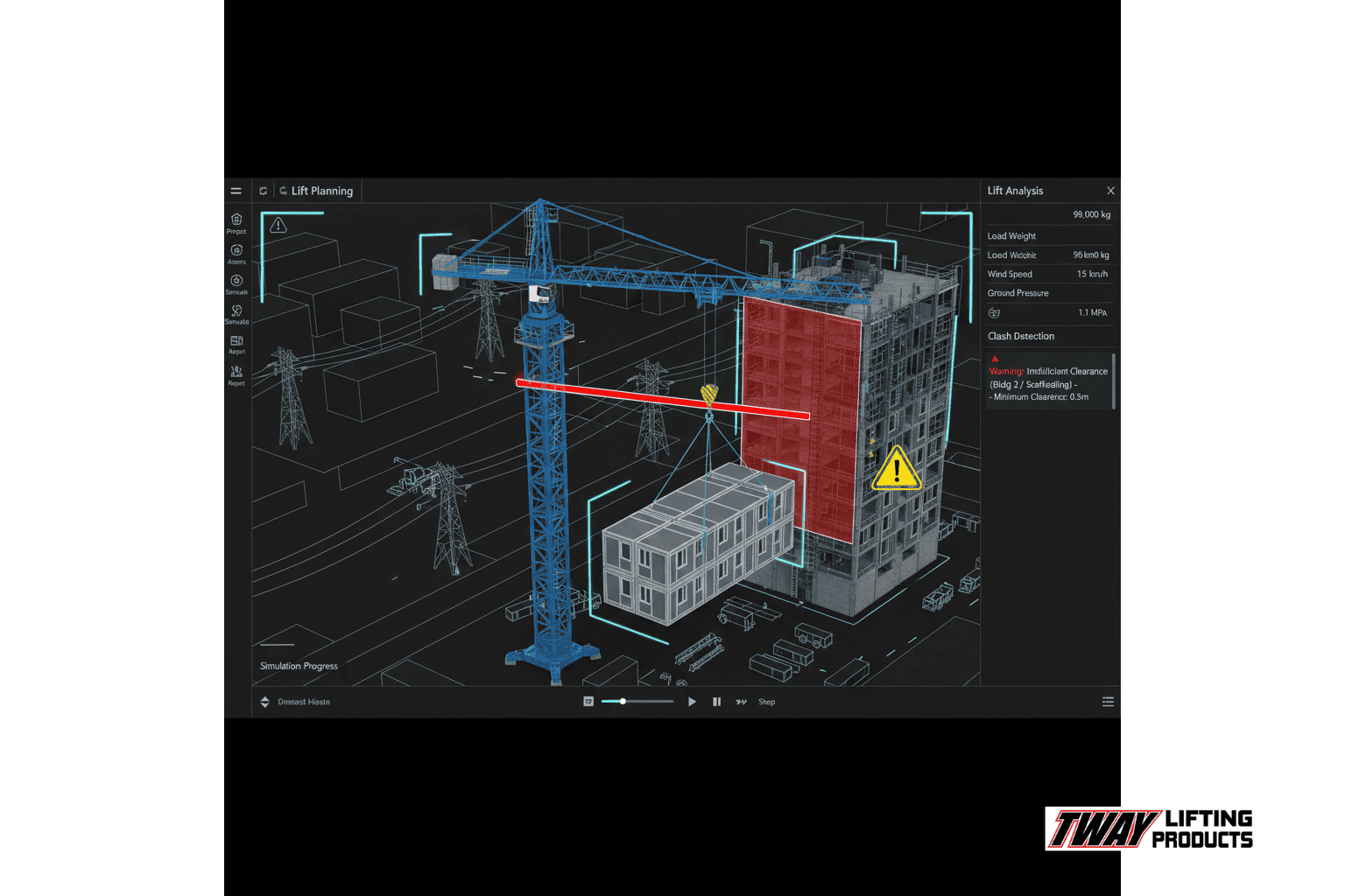 Mockup of 3D lift‑planning software interface showing crane, load path, and clash detection warnings