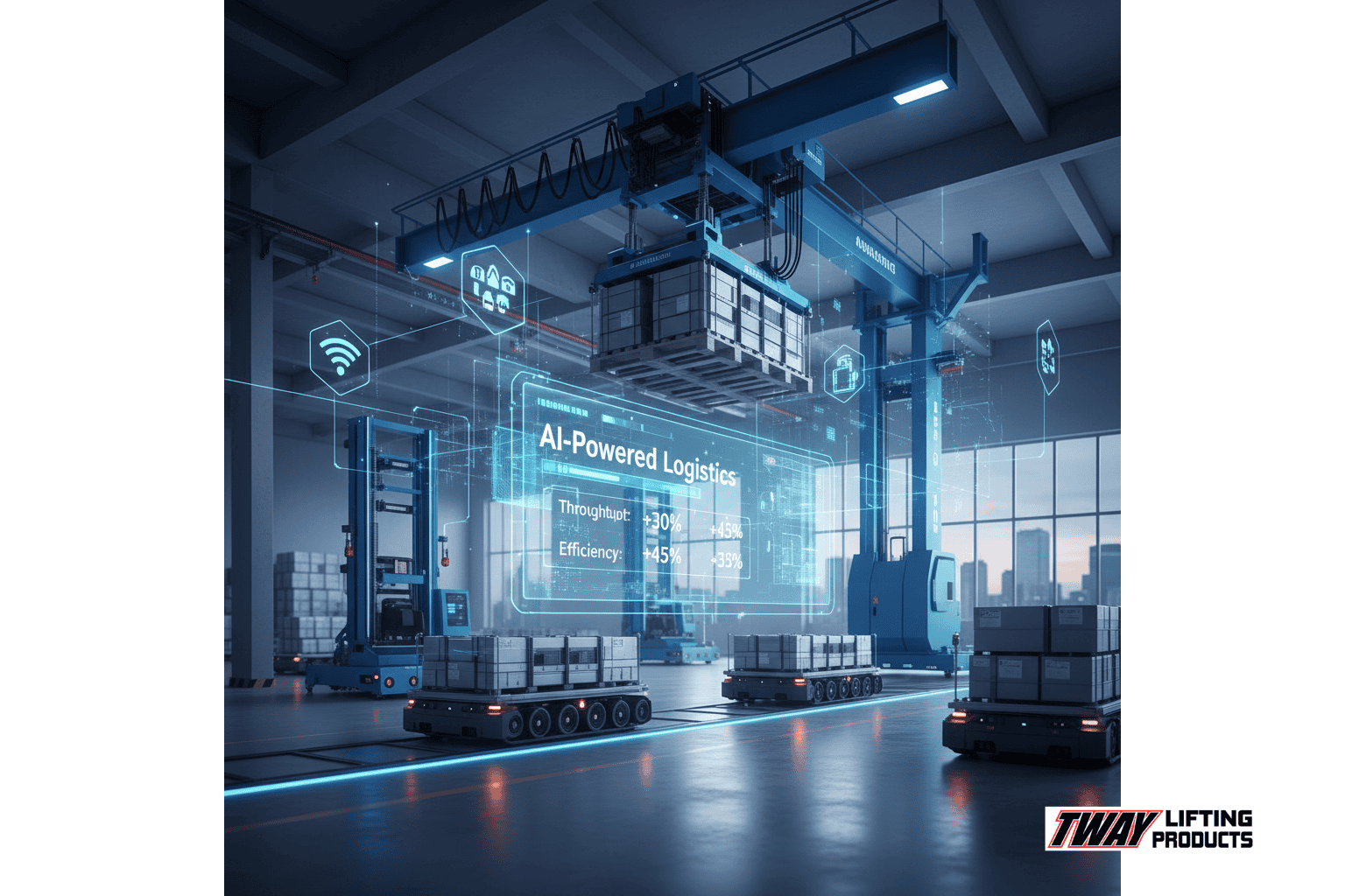 Overview of an automated warehouse using lifting beams with digital system integration.