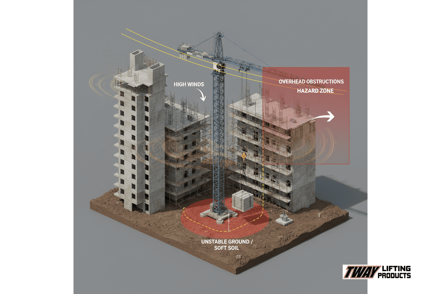 3D illustration showing crane lift in constrained site — uneven ground, overhead power lines, nearby buildings