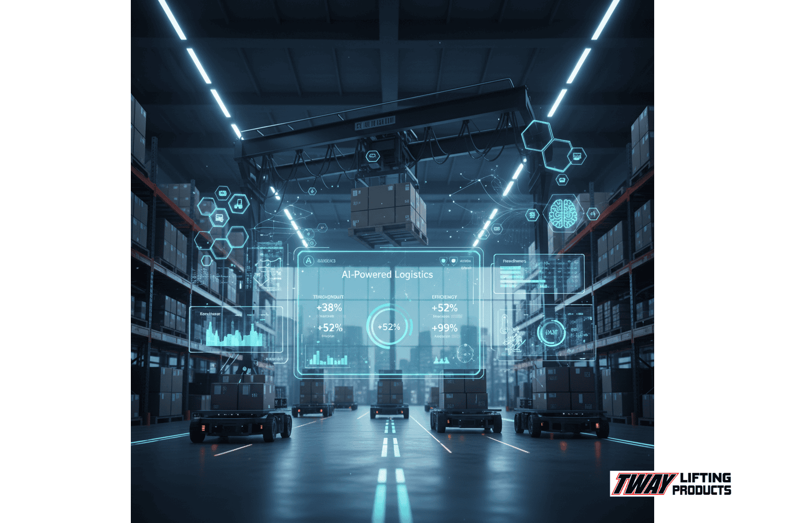 Infographic showing lifting beam connected to IoT, cloud, and automation systems.