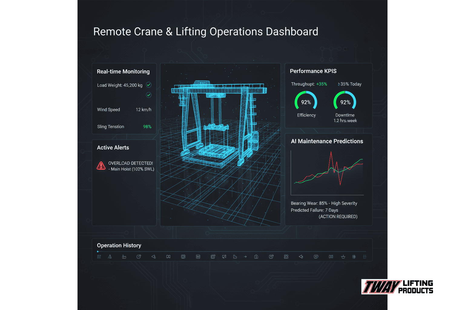 UI mockup showing remote monitoring dashboard for lifting beam systems.