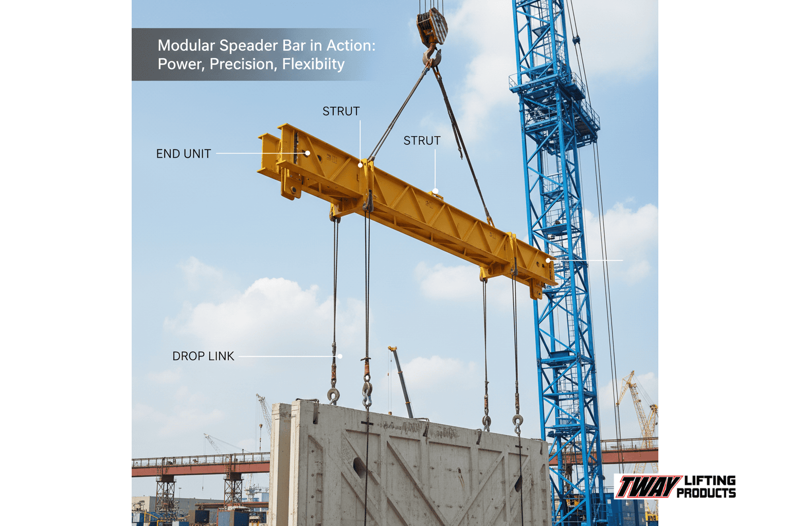 Modular spreader bar lifting a heavy load at an industrial site, showing labeled components for visual reference.