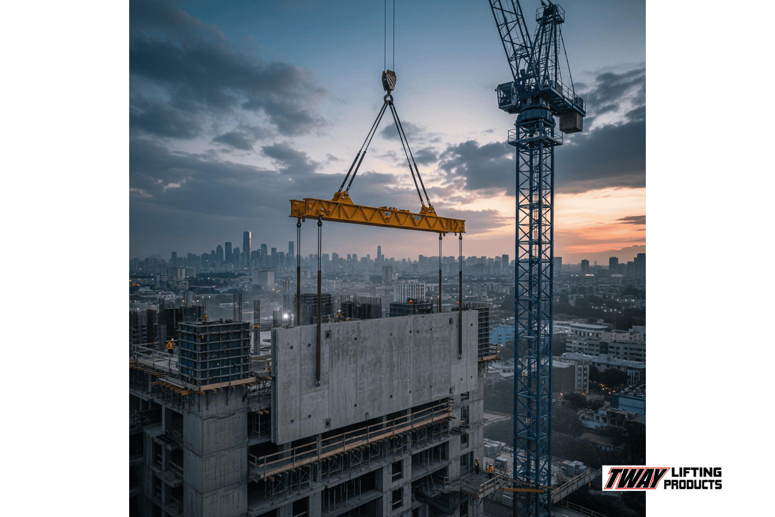 Construction site showing a crane lifting a large concrete panel using a modular spreader bar with four-point rigging.
