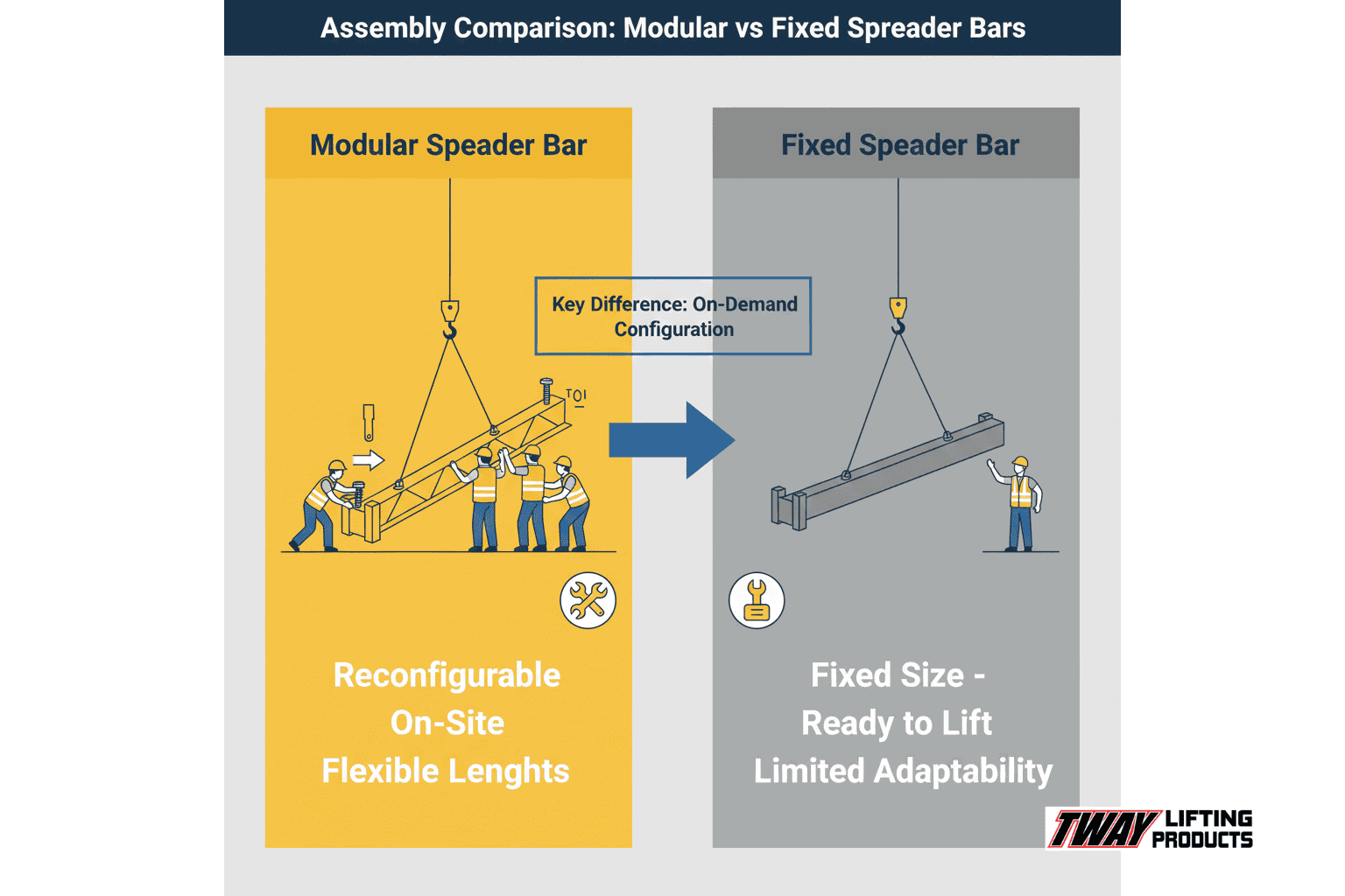 Infographic comparing assembly of modular and fixed spreader bars with labeled differences in setup and flexibility.