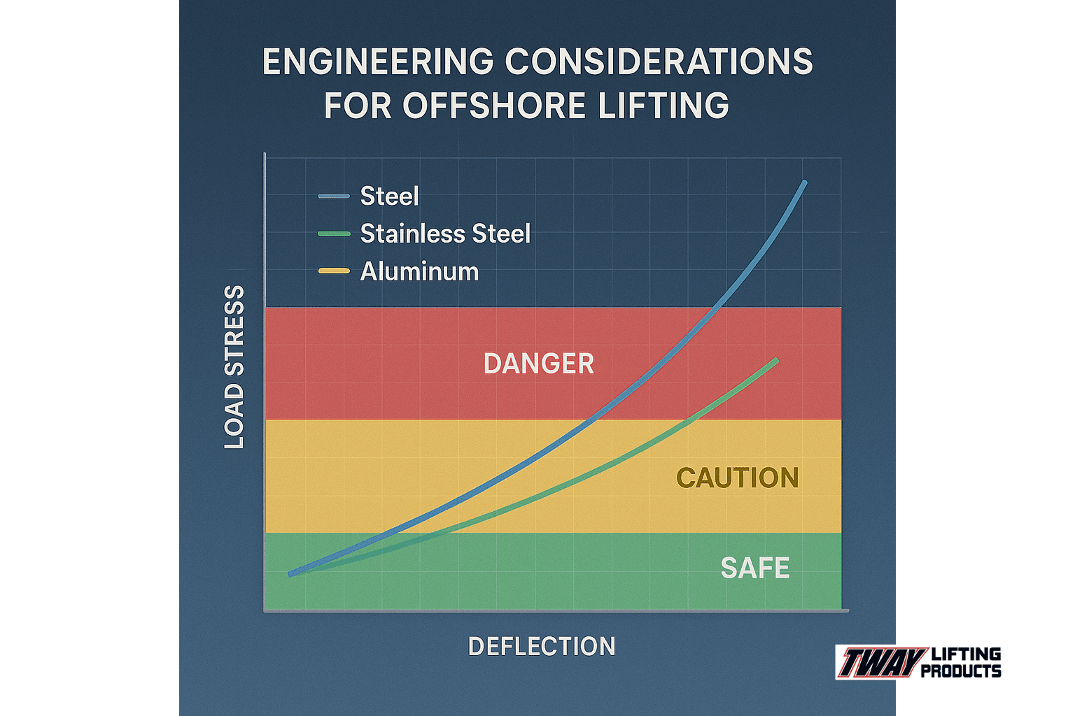 Graph showing load versus deflection for different spreader bar materials in offshore conditions