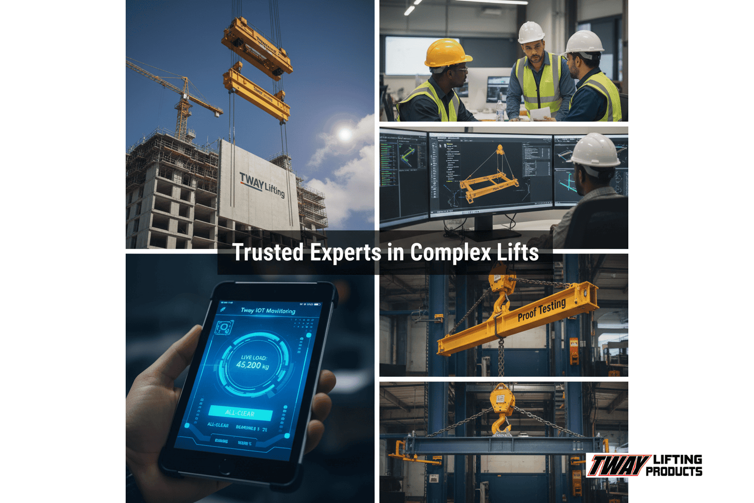 Collage of custom lifting beam projects, testing, and Tway Lifting engineers in action.