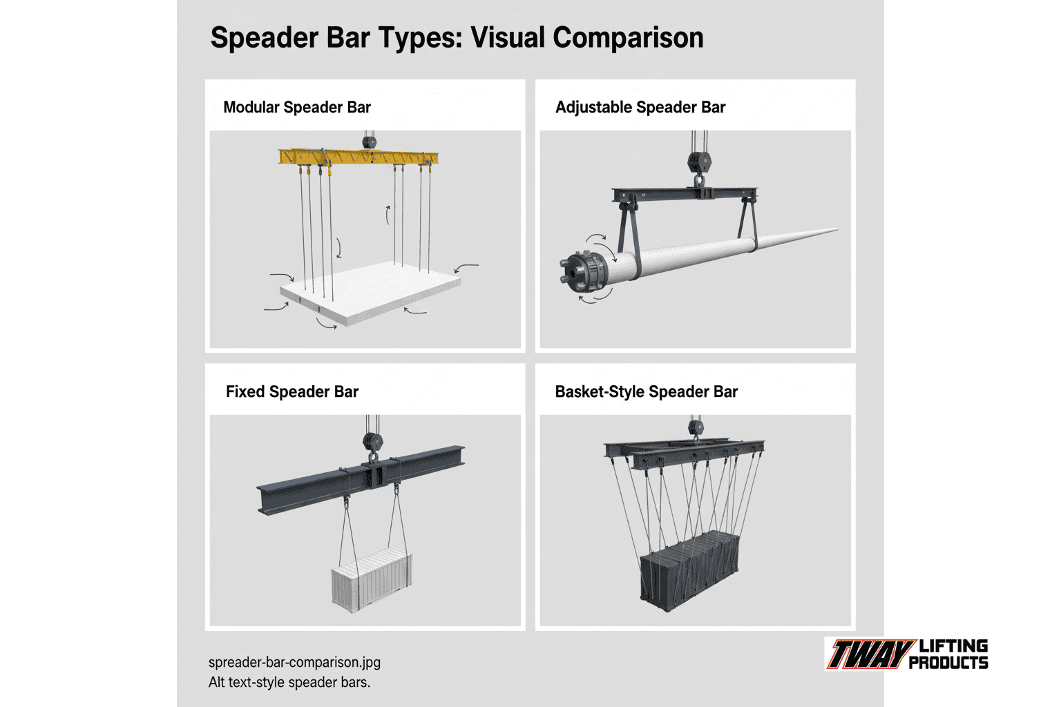 Visual comparison of modular, adjustable, fixed, and basket-style spreader bars with labeled uses
