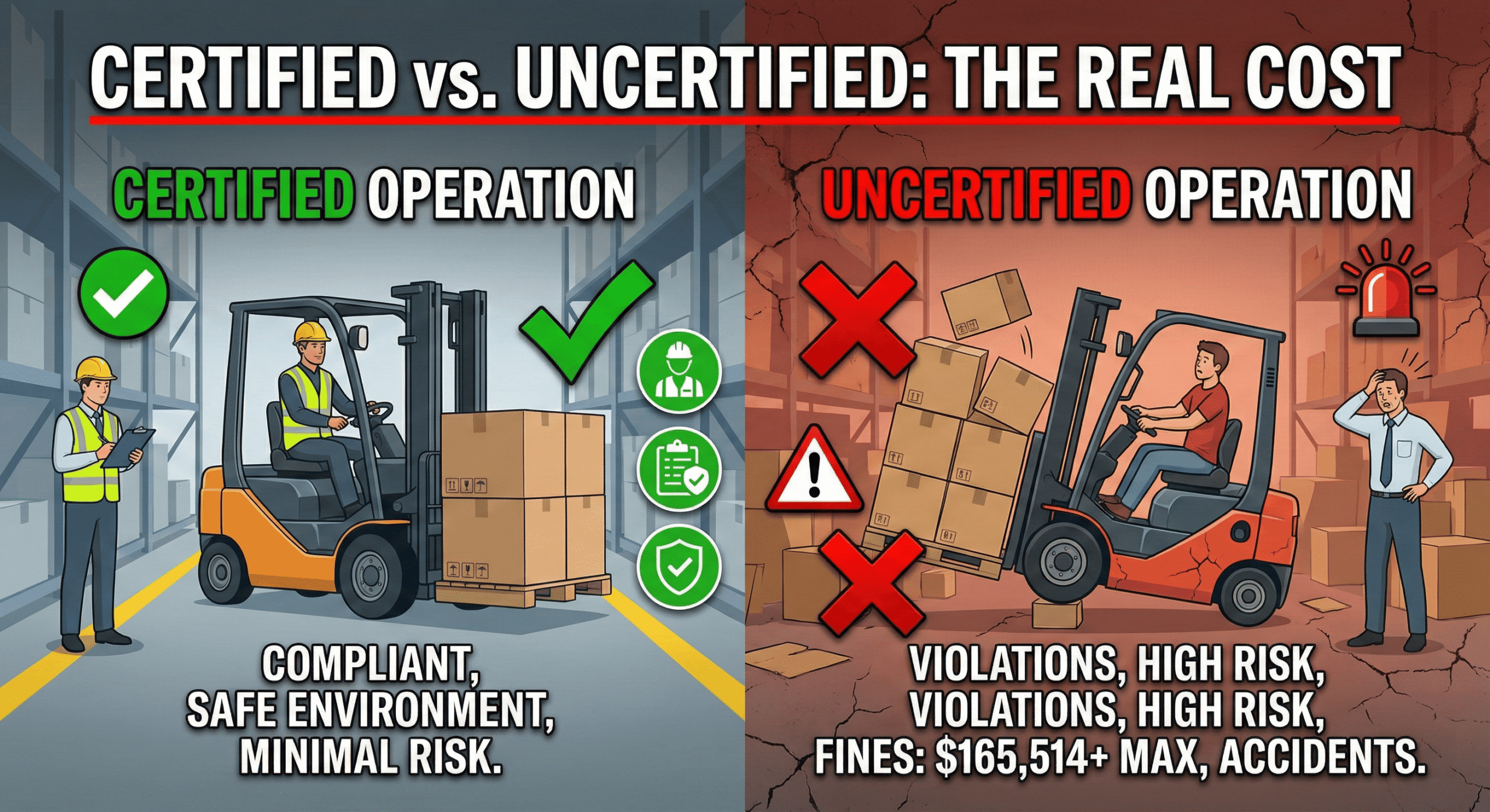 Comparison image showing safety and compliance of certified operators versus risks and fines for uncertified operators.