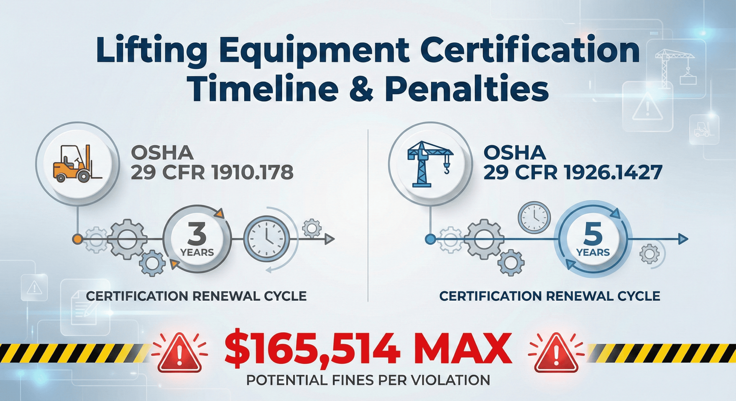 Infographic showing forklift and crane certification renewal cycles with OSHA fine amounts and regulation references.