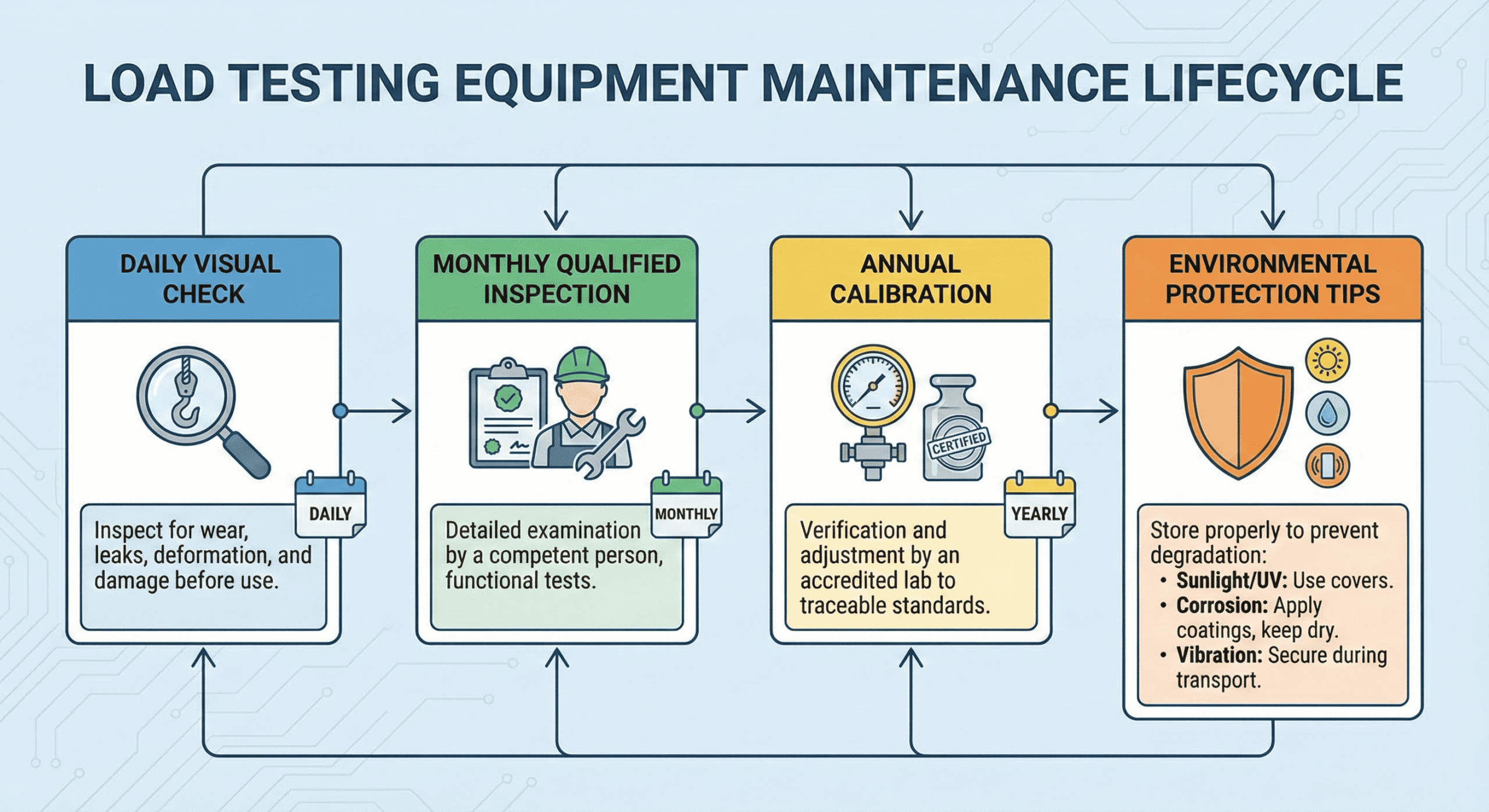 Flowchart visualizing best practices for inspecting and calibrating load testing equipment.