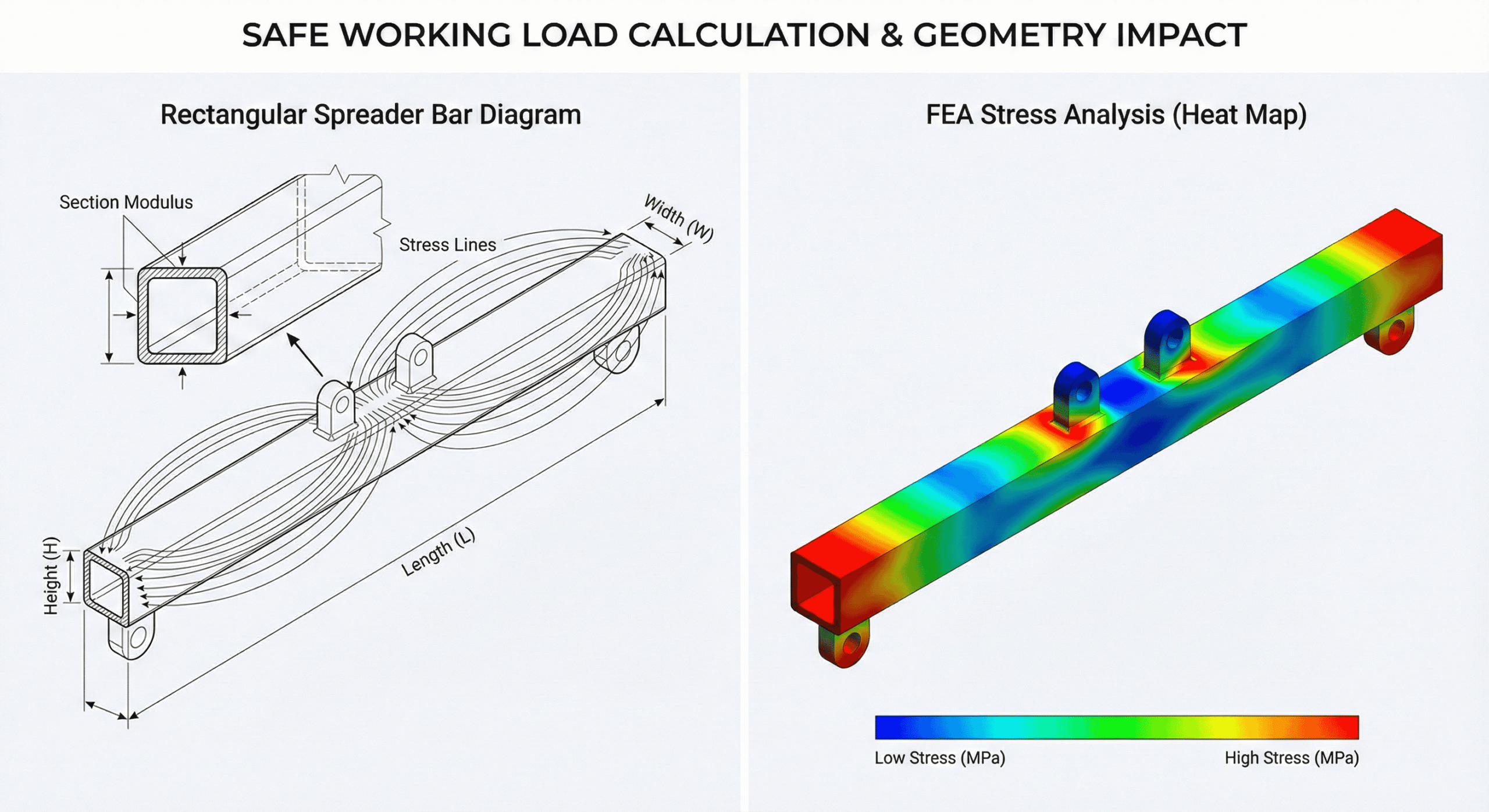 Visual showing spreader bar geometry and FEA simulation illustrating stress distribution.
