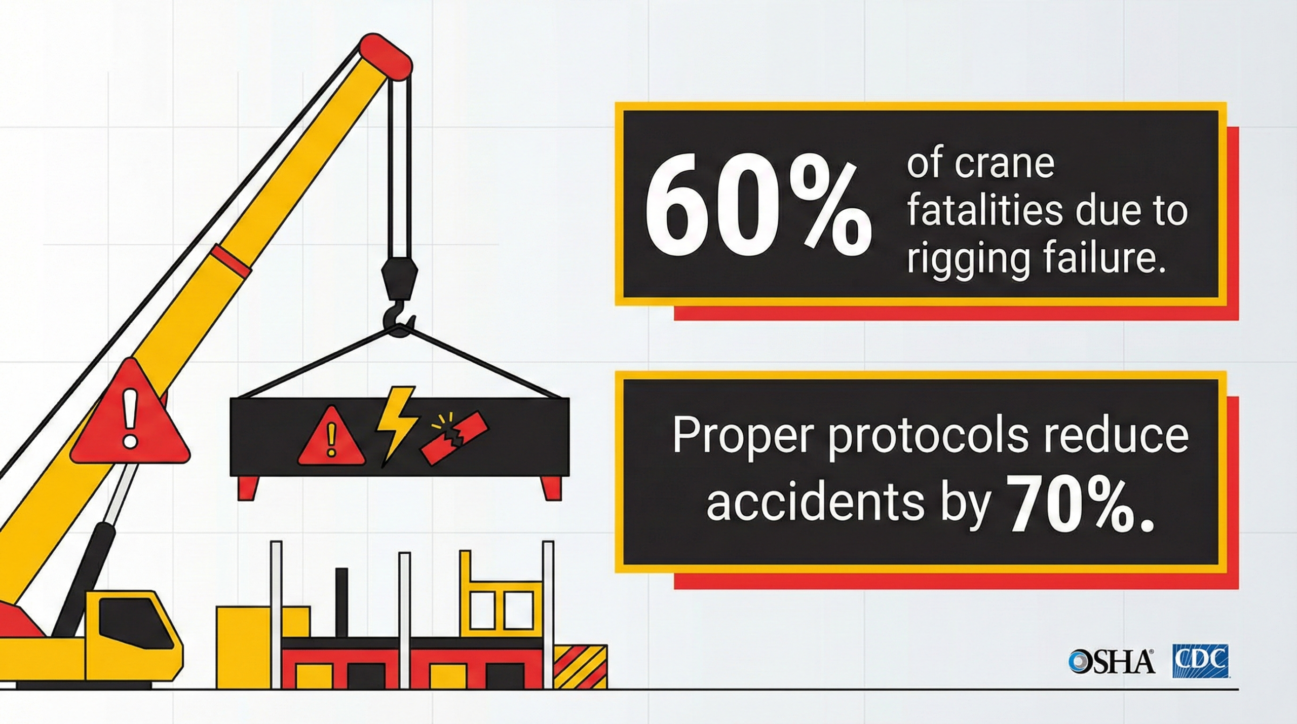 Infographic showing crane safety statistics related to spreader bar handling and rigging failures.
