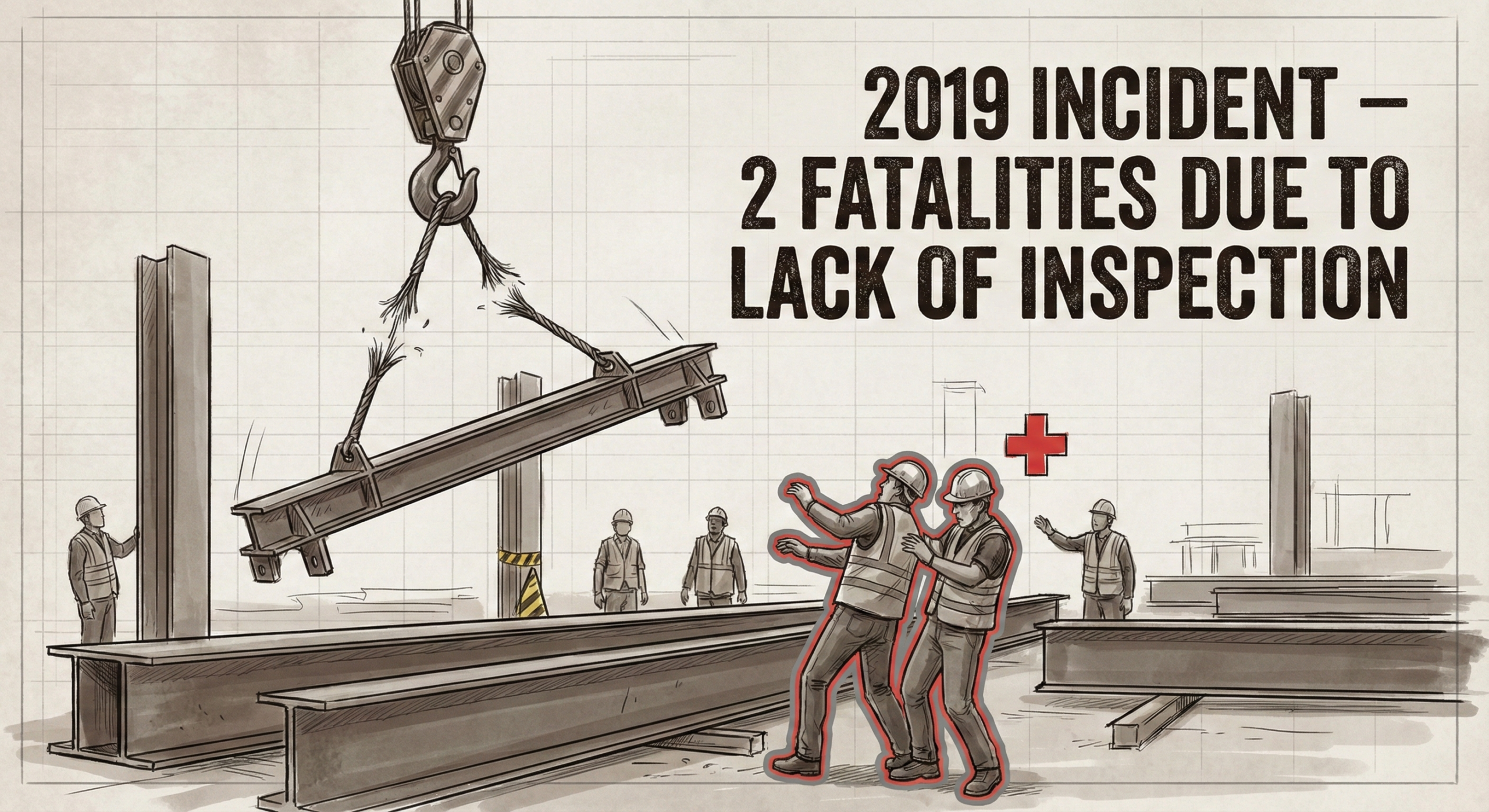 Illustration of crane accident involving a dropped spreader bar due to wire rope failure and lack of inspection.