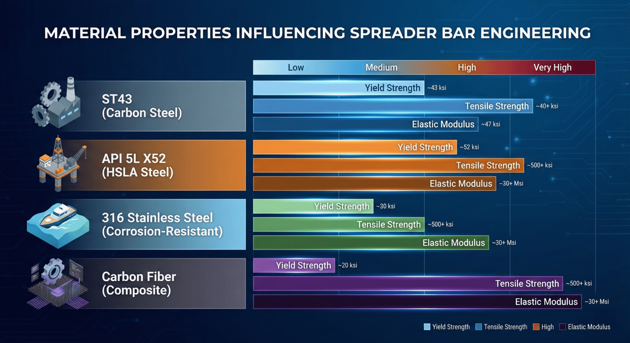 Infographic comparing different material properties relevant to spreader bar engineering.
