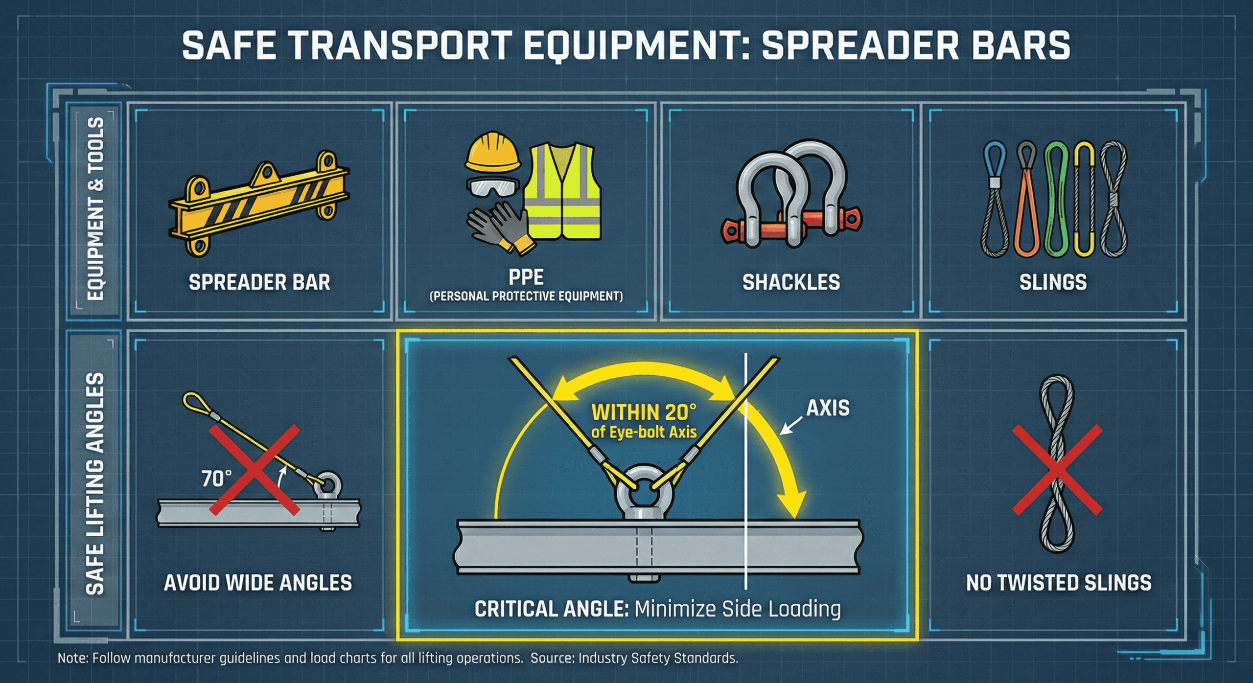 Infographic displaying essential equipment and correct sling angles for transporting spreader bars safely.