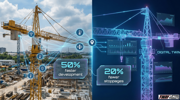 Conceptual illustration showing a physical crane and its digital twin connected by real-time sensor data.