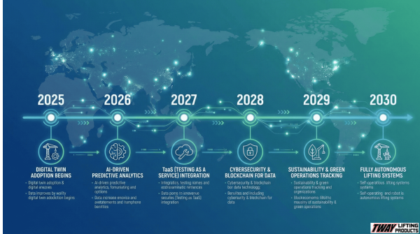 Timeline infographic showing future trends in digital twin technology for lifting equipment from 2025 to 2030.