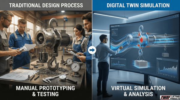 Comparison of traditional lifting equipment design and a virtual digital twin simulation process.