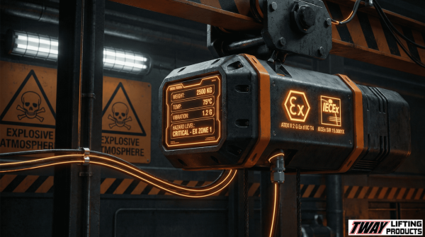 IoT-enabled explosion-proof hoist with real-time monitoring for lifting in hazardous environments.