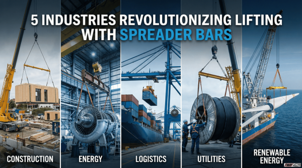 Collage showing five industries using innovative spreader bars for complex lifting tasks.
