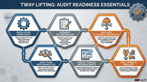 Visual infographic summarizing the six key elements of lifting equipment compliance audits.