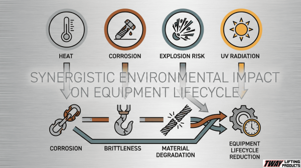 Diagram showing how heat, chemicals, and explosive atmospheres affect lifting gear performance and durability.