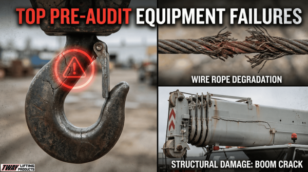 Composite image showing common lifting equipment issues like worn hooks and frayed ropes.