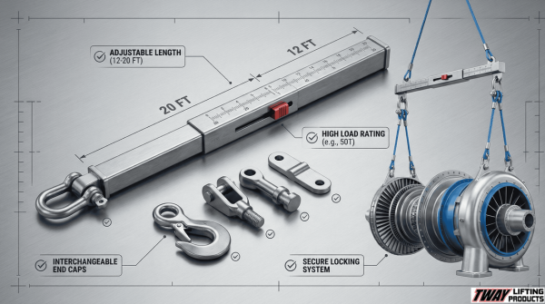 Visual of a modular telescopic spreader bar with labeled features and turbine lifting setup.
