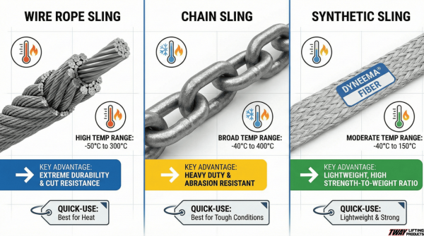 Visual comparison of wire rope, chain, and synthetic slings used in high-temperature or hazardous environments.