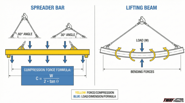 Diagram comparing how spreader bars and lifting beams handle loads differently using compression and bending.