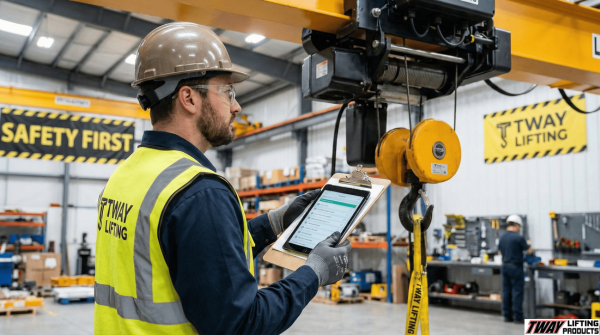 Tway Lifting inspector reviewing crane equipment during a compliance audit.