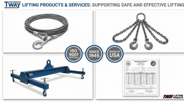Tway Lifting product lineup including wire rope, chain slings, custom engineering, and proof testing services.