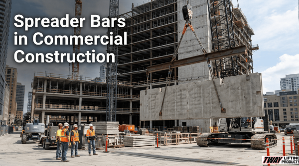 Crane lifting a precast concrete panel with a spreader bar at a construction site.