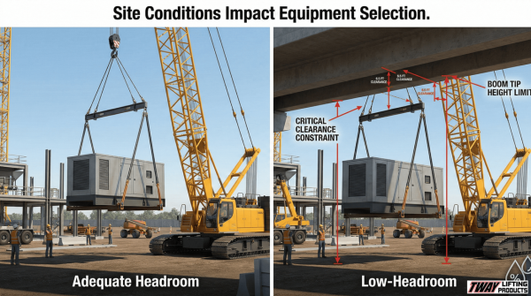 Construction site comparison showing crane lift with adequate and limited headroom.