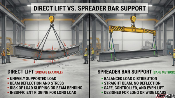 Side-by-side comparison of beam lifted directly versus with a spreader bar.