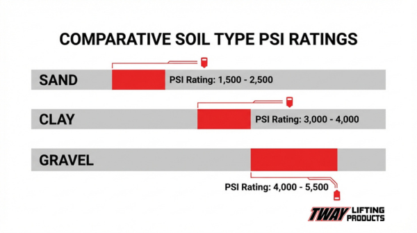Ground bearing capacity chart comparing soil PSI ratings for sand, clay, and gravel in lift planning and crane setup