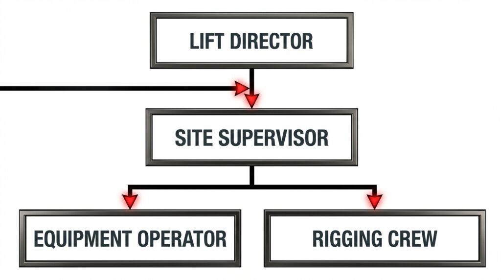 Lift operation hierarchy chart showing lift director, site supervisor, equipment operator, and rigging crew roles in safe lifting operations
