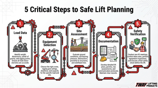 Safe lift planning infographic showing five critical steps including load data, equipment selection, site assessment, documentation, and safety verification