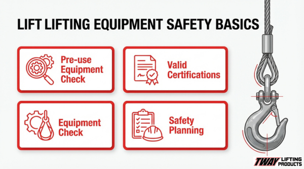 Lift lifting equipment safety basics infographic covering pre-use inspection, valid certifications, equipment checks, and lift planning