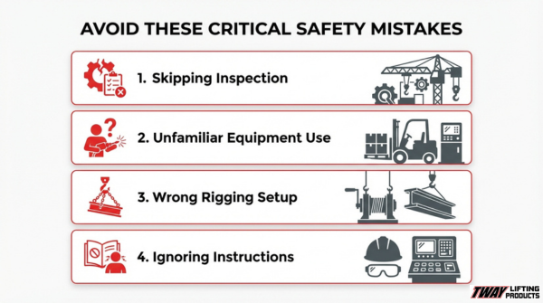 Common lifting safety mistakes infographic showing skipped inspection, unfamiliar equipment use, wrong rigging setup, and ignoring lifting instructions