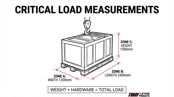 Critical load measurement diagram showing load width, length, height, and total load weight with rigging hardware for safe lifting